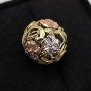 10K Tri Gold Diamond Cut Floral Open Work Slide Necklace Bracelet Bead Charm